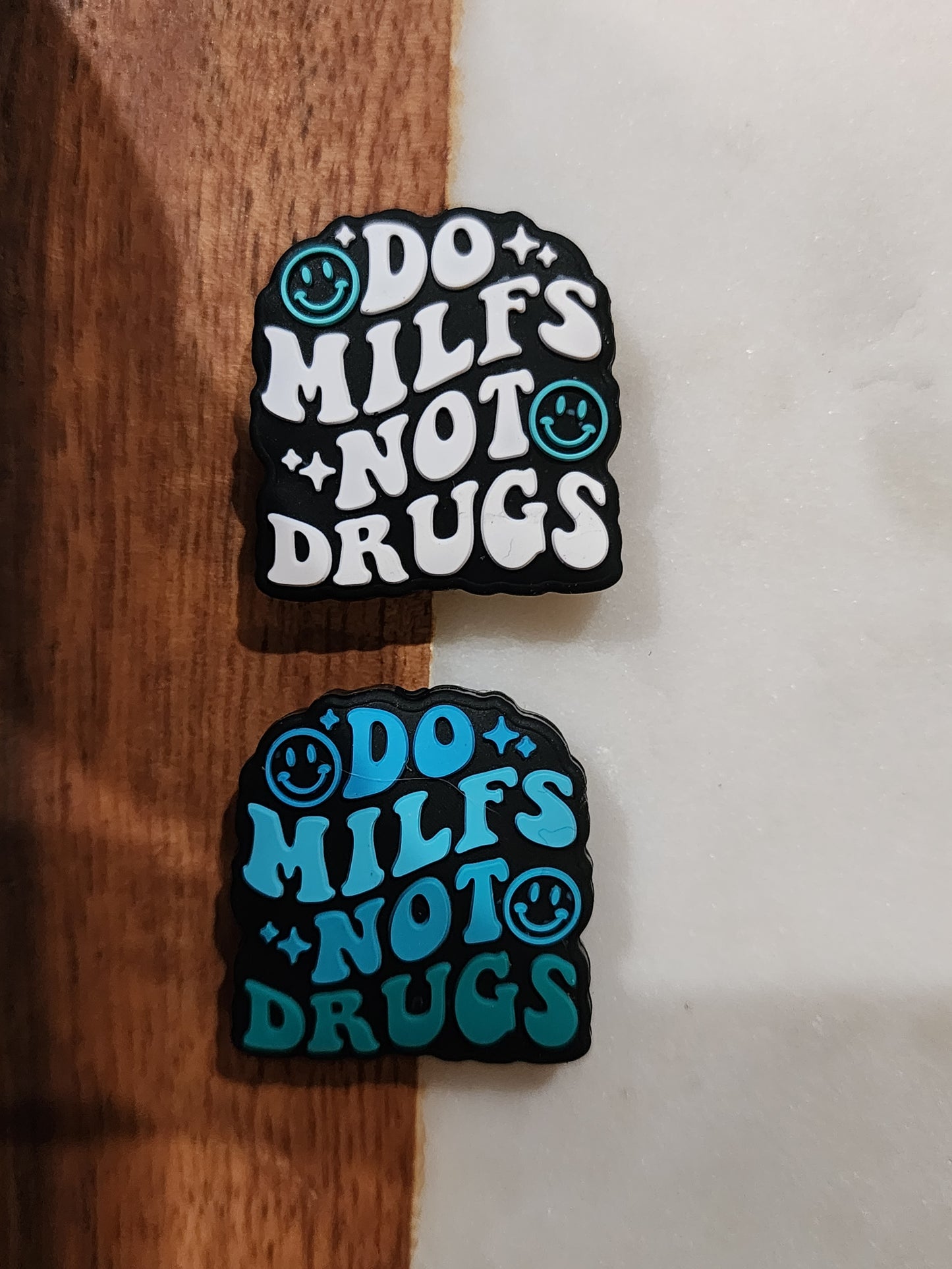 Milfs not drugs white with teal face-E3