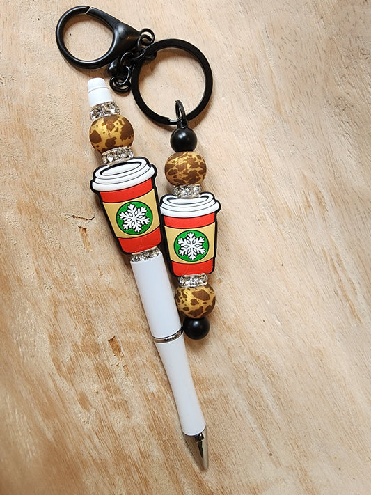 Snowflake coffee cup pen Keychain set